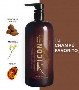 Champú ICON INDIA formato litro para cabellos apagados y sin vida. Cabello con brillo con moringa y argán