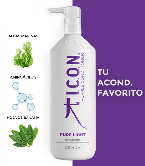 Acondicionador Pure Light formato litro elimina los tonos amarillos y Neutraliza los tonos cobrizos con algas marinas