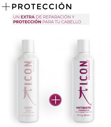 Champú icon cure y tratamiento icon antidote para proteger eficazmente el cabello de agresiones medioambientales