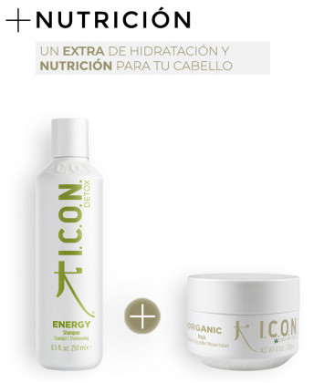 champú icon energy para cabellos grasos y tratamiento icon organic para nutrir cuero cabelludo sensible