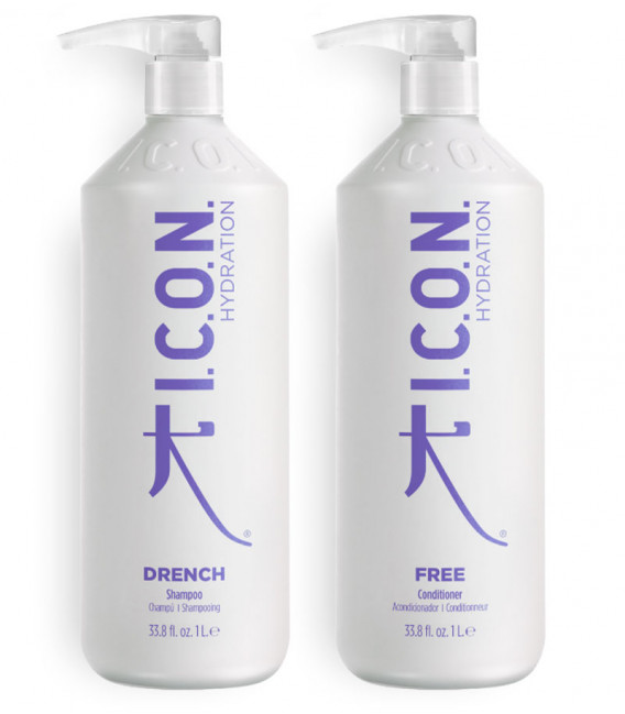 pack icon hidratación champú drench y acondicionador free formato litro para cabellos secos o deshidratados