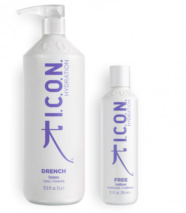 pack icon hidratación champú drench formato litro y free para cabellos secos o deshidratados