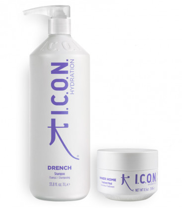 pack icon hidratación champú drench y acondicionador free formato litro para cabellos secos o deshidratados