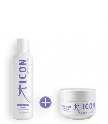 champú icon drench para cabellos secos y deshidratados y tratamiento icon inner para reparar el cabello dañado