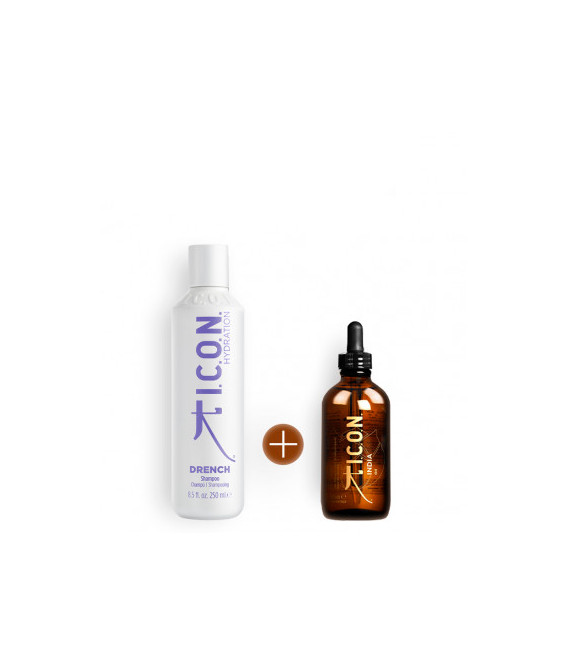 champú icon drench para cabellos secos y deshidratados y aceite icon india oil para nutrir y reparar el cabello