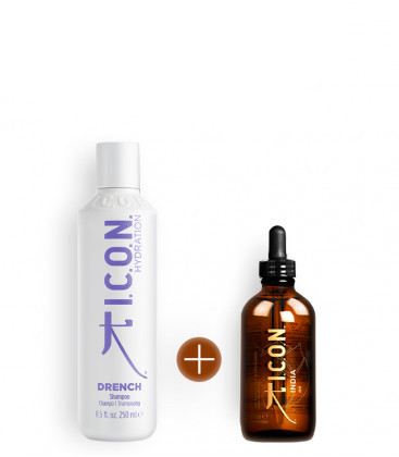 champú icon drench para cabellos secos y deshidratados y aceite icon india oil para nutrir y reparar el cabello