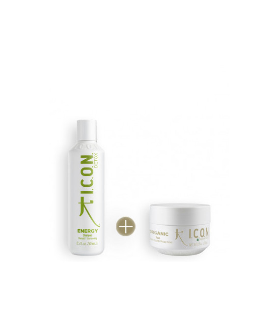 champú icon energy para cabellos grasos y tratamiento icon organic para nutrir cuero cabelludo sensible